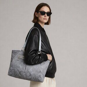 Coach GABBY Silver Canvas Signature Logo Tote Plum Purple Interior Bag Purse